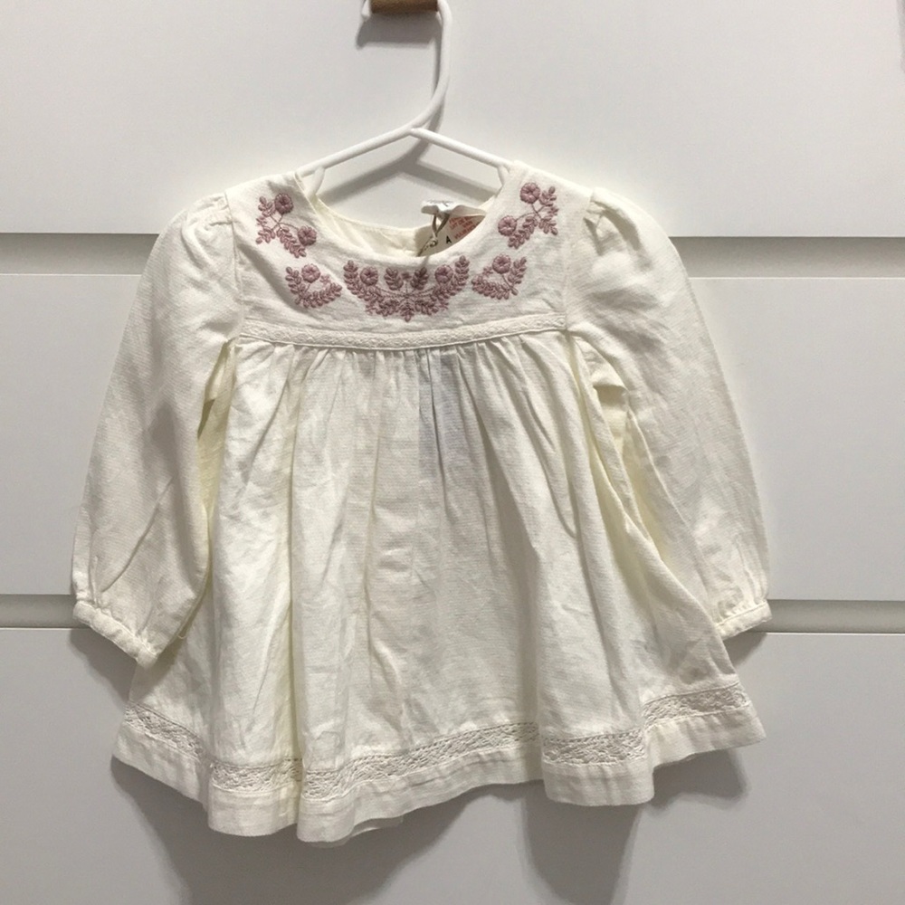 Cream Long Sleeve Embroidered Dress